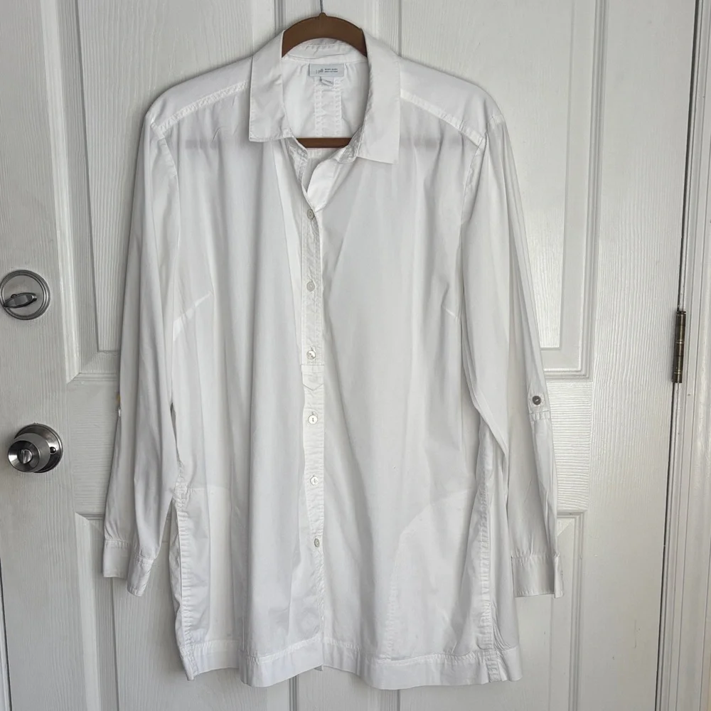 J.Jill White Shirt Collection Collar Button Down Tunic with Pockets Size Large
